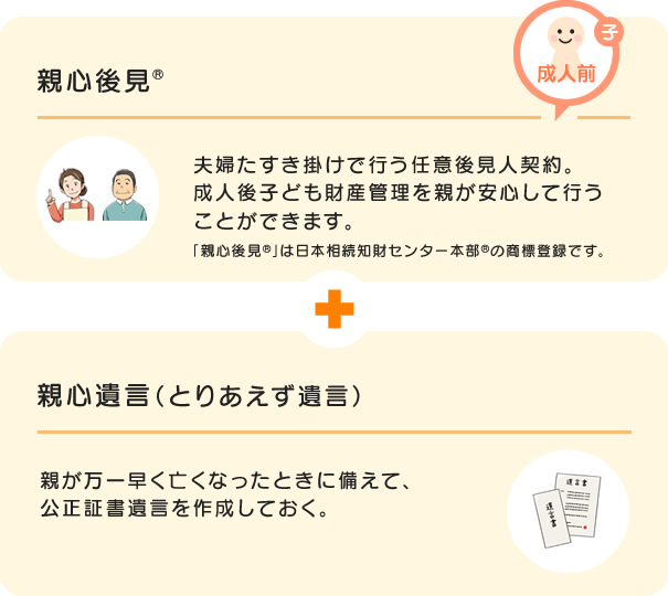 親心後見®(夫婦たすき掛けで行う任意後見人契約。成人後子ども財産管理を親が安心して行うことができます。)+親心遺言(とりあえず遺言)(親が万一早く亡くなったときに備えて、公正証書遺言を作成しておく。)