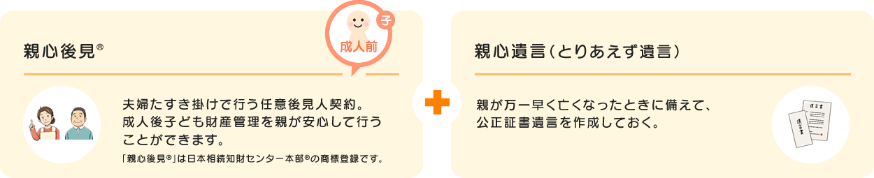 親心後見®（夫婦たすき掛けで行う任意後見人契約。成人後子ども財産管理を親が安心して行うことができます。）＋親心遺言（とりあえず遺言）（親が万一早く亡くなったときに備えて、公正証書遺言を作成しておく。）